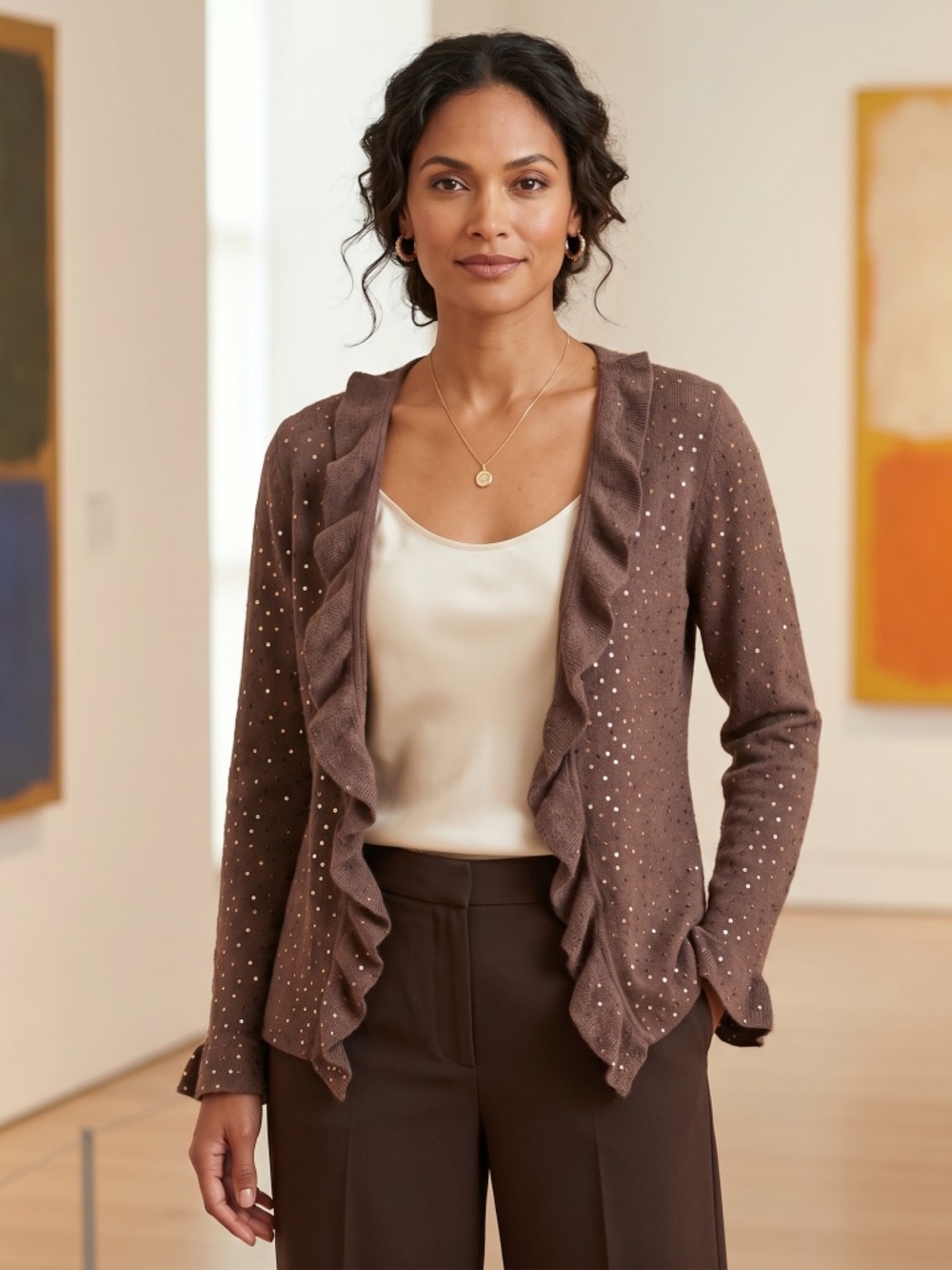 Jigsaw 100% angora ruffle front cardigan sweater with sequins size large